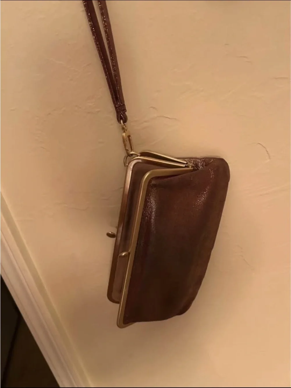 HOBO Brown Leather Clutch Wristlet with Brass Frame